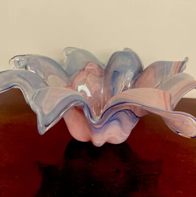 Large 14  Wide Murano Lavorazione Lavender  Pink Pearlized Swirl Art Glass Bowl • $55.92