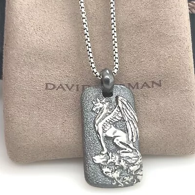 David Yurman Griffin Dragon Dog Tag Amulet With Silver Box Chain Necklace 25-26  • $345