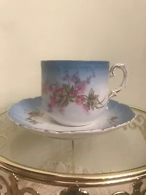 ROYAL BAVARIAN China. Mustache Mug And Saucer. Floral Design. Blue Pounced. J3. • $65