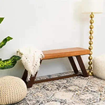 Poller Mid Century Modern Cognac Tan Leather Bench • $298.99