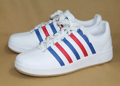 K-SWISS Classic VN Sneaker Men Size 12M White Leather Red Blue Stripe 07321-157 • $49