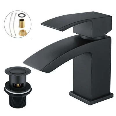 £23.99 • Buy Black Square Waterfall Cloakroom Large Basin Mixer Tap Sink Mono Bathroom &Waste