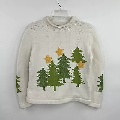 Rey Wear Bolivia Hand Knit Cotton Sweater Sz S Evergreen Trees Stars Roll Neck • $38.50