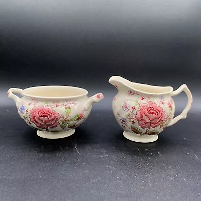 Johnson Brothers Rose Chintz Creamer & Open Sugar Bowl Pink Made In England EUC • $16.95