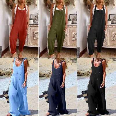 $30.99 • Buy Womens Linen Cotton Dungarees Overalls Casual Playsuits Trousers Loose Jumpsuit