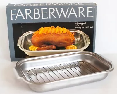 VTG NIB FARBERWARE Roasting Pan W/Rack Stainless Steel 11x17  766 USA W/Booklet • $74.95