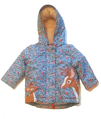 Baby Boden Girls 2 In 1 Blue Floral 9-12 Month Showerproof Coat With Gilet Deer • £17.99