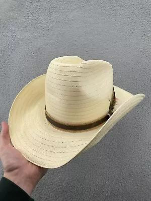 Biltmore Western Cowboy Hat Beige Tan Straw Feather Leather Mens Size 7 56cm • $19.95