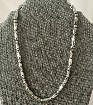 Women Men Silver Hematite Magnetic Necklace Long Magnetic Silver Twists & Rounds • $40.99