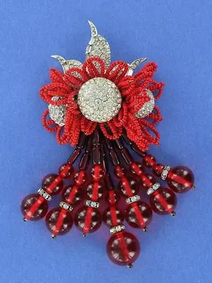 Outstanding HUGE Larry Vrba Fur Clip In Red Glass And Clear Rhinestones (PN1033) • $325