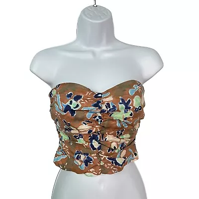 Wilfred Fatale Strapless Crop Blouse Size 0 XS Beige Blue 100% Linen Womens Top • $19.95