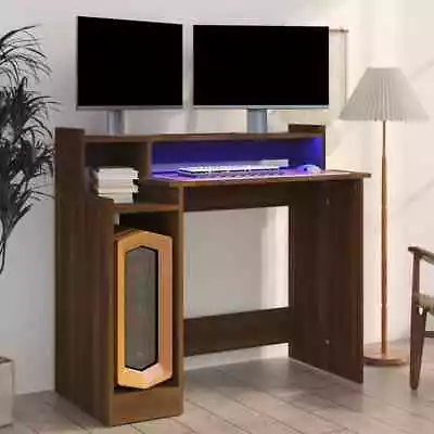 Computer Desk LED Lights Wood Writing Table Shelving Unit Home Office PC Gaming • £66.95