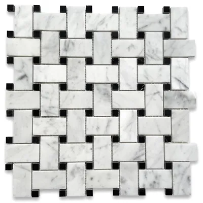 C651XP Carrara Marble Basketweave Mosaic Tile Carrera Black Dots Polished 1x2 • $12.99