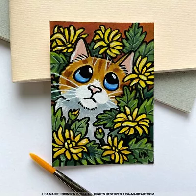 Original ACEO Painting Tabby Cat Yellow Wildflowers Art By Lisa Marie Robinson • £8