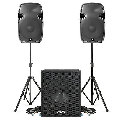 Pair Of Vonyx SPJ-1500A 15  Active PA Speakers SWA18 Subwoofers & Stands 2600W • £789