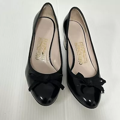 Ladies Ferragamo Black Glossy With Bow Shoes Semi Transparency Heel Size 4.5 • $273