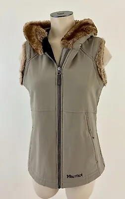 MARMOT FURLONG Womens Small Khaki Soft Shell Full Zip Faux Fur Lined Hood Vest • $23.39