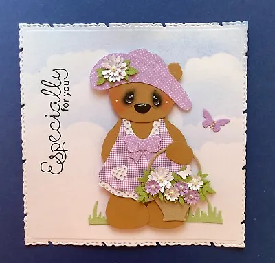 £2.20 • Buy Handmade Birthday Card Topper Ooak Teddy Basket Of Flowers Pretty Dress   C