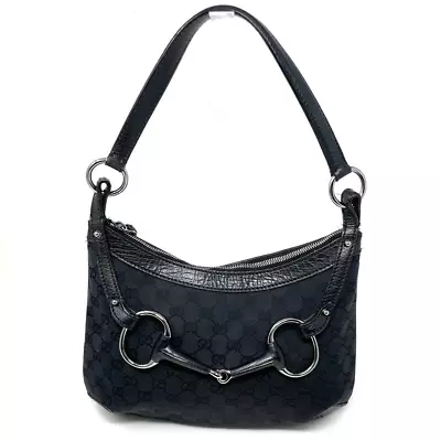 Gucci Horsebit GG Monogram Shoulder Hobo Zip Bag Canvas Leather Black Silver • $699