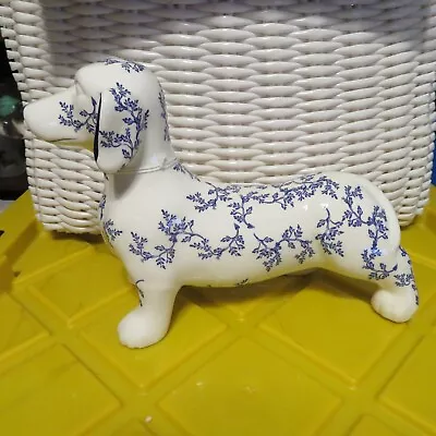 Blue And White Floral Ceramic Dachshund Dog Figurine Statue NEW • $47.99