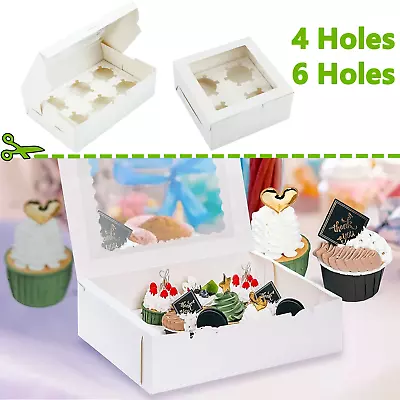 100X White Cupcake Boxes 4 Holes 6 Holes Cup Cakes With Removable Trays Baking • £3.97