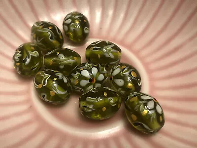 £13 • Buy Hand Painted Glass Floral Oval Beads Green 20 Pcs