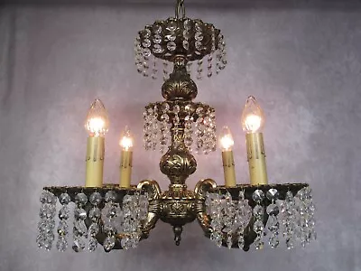 Vintage Antique Spanish Brass Chandelier 4 Arm Lead Crystal 25  L By 17  W • $695