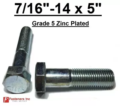 7/16-14 X 5  (PT) Hex Bolt Zinc Plated Grade 5 Cap Screw Coarse Thread • $10.10