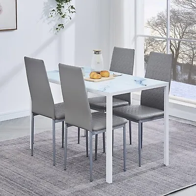 4x Grey Faux Leather Dining Chairs&White Marble Tempered Glass Dining Table Set • £159.99