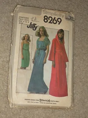 Simplicity 7-Piece Sewing Pattern Long Maxi Dress W/ Hood Vtg 1977 Sz 6 & 8 • $7.99