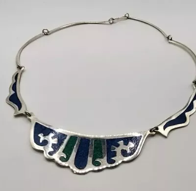 Native American Mexican Lapis And Malachite Inlay Alpaca Choker Bib Necklace  • $24