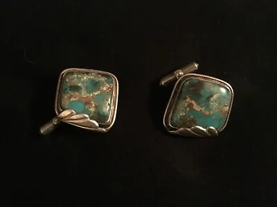 $1275 • Buy Fred Thompson Silver Turquoise Cufflinks With Makers Mark 1950’s