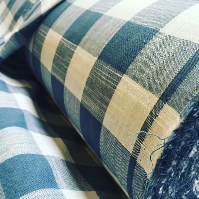 Gingham Checked Linen Fabric Plaid Material Buffalo 140cm Wide DUCK BLUE Check • £0.99