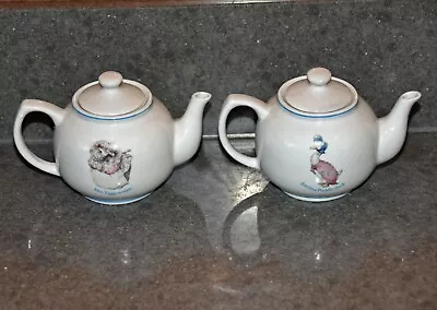 Beatrix Potter Mrs Tiggywinkle & Jemima Puddleduck Tiny China Teapots 95mms High • £8