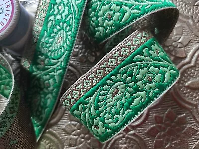 £2 • Buy Gold Multicoloured Indian Embroidered Paisley Jacquard Ribbon 32mm Wide Trim