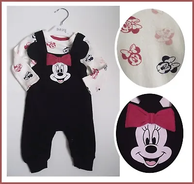 Disney Baby Girls Minnie Mouse Dungaree & Bodysuit Outfit 2pc Set 0-24 Mths NEW • £10.99