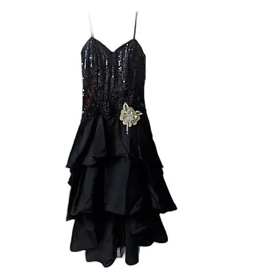 Vintage NADINE Prom Dress Black Sequin Tiered Embellished Spaghetti Straps Sz 5 • $50