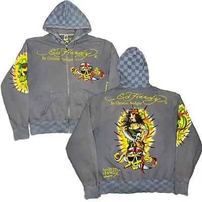 Rare Vintage Ed Hardy Pirate Skull Checker Hoodie Size Large • £90