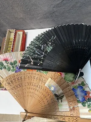 2 Vintage Hand Held Folding Fans  Wood Paper Antique Asian • $16.90