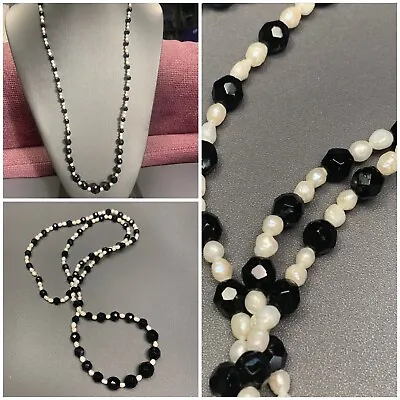 Vintage Black French Jet & White Rice Pearl Beaded Necklace 30” • $29