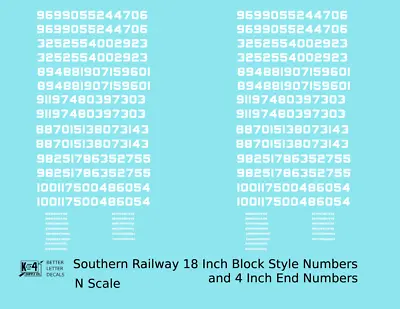 K4 N Scale Decals Southern Railway 18 Scale Inch Block Freight Car Numbers White • $7.45