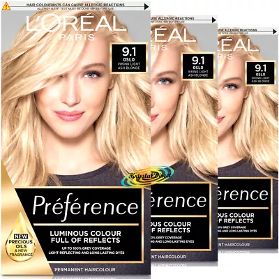 3x Loreal Preference 9.1 Oslo VIKING LIGHT ASH BLONDE Permanent Hair Colour Dye • £35.99