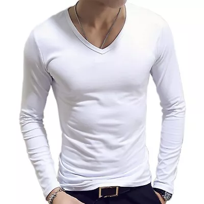 New Mens Long Sleeve V-Neck T-shirt Stretch Casual Solid Slim Fit Tops White • $4.99