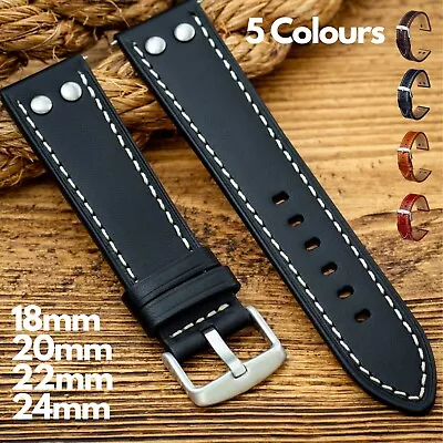 Leather Pilot Rivet Watch Strap - Flieger Aviator Vintage - Black Tan Brown Blue • £19.95