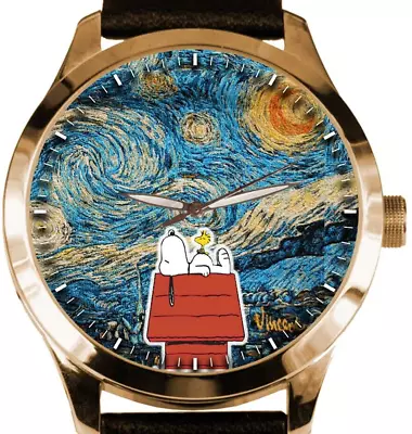 SNOOPY Vs VAN GOGH STARRY NIGHTS VINTAGE TEAL BLUE SYMBOLIC EXISTENTIALIST WATCH • $217.28