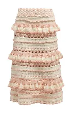 Zimmermann Clover Crochet Midi Skirt | Baby Pink/Cream Cotton Lined Tiered • $226.67