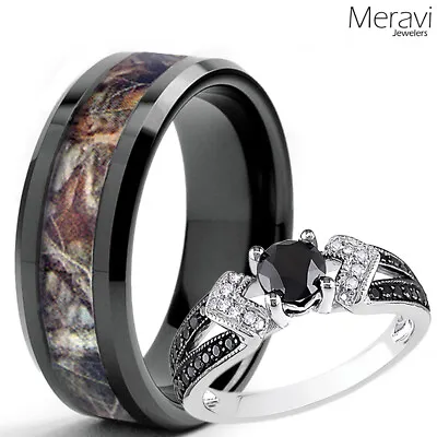 8mm Tungsten Mossy Tree Camo Oak Band Black CZ Sterling Silver Wedding Ring Set • $46.90