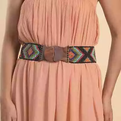 Handcrafted Multi Color Southwestern Seed Beaded Stretch Belt With Wooden Buckle • $19.70