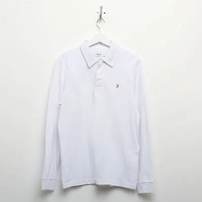 Men's Farah Vintage Haslam Long Sleeve Slim Fit Cotton Polo Shirt In White • £29.99