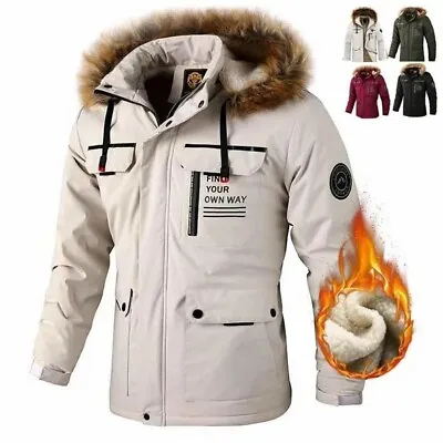 Men's Winter Windbreaker Jacket Outdoor Sports Jacket Warm Faux Fur Hoodie Coat# • £9.59